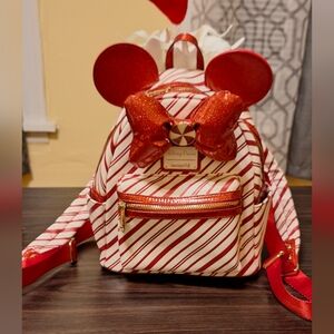 Disney Parks Loungefly Peppermint Holiday/Christmas Candy Cane Mini Backpack.